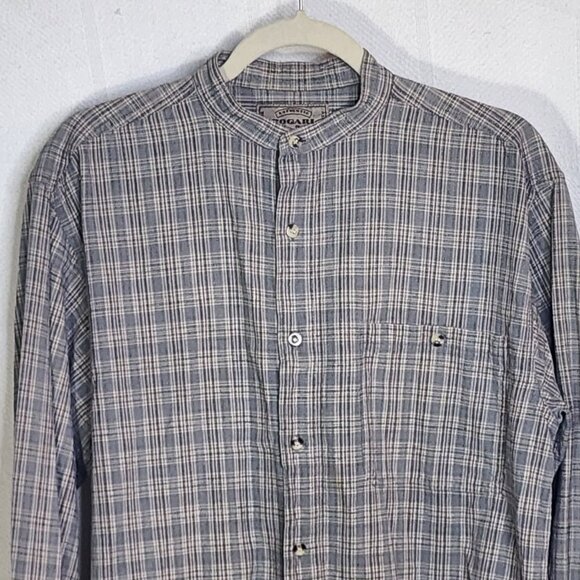 Bogari Studio Gray Brown Check LS Cotton Band Collar Waffle Weave Shirt Size M - Picture 2 of 16